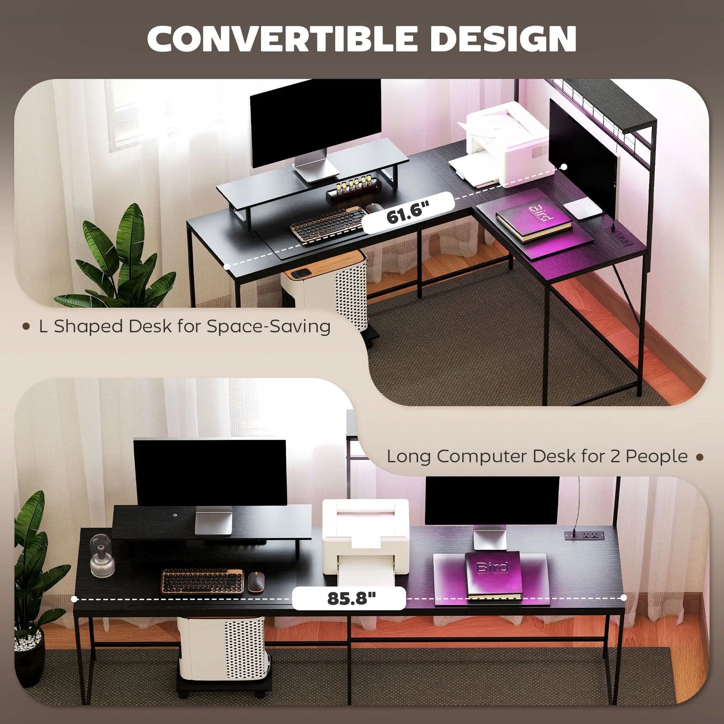 DB Hot Sale 61.6" L-Shaped Gaming Desk LED Lights Power Outlets Stainless Steel Computer Desk Monitor Stand CPU Shelf Bedroom