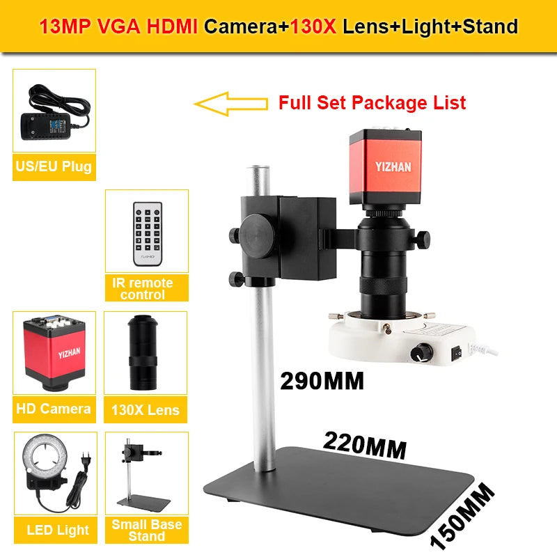 YIZHAN 130X Lens C-mount Digital Microscope for Electronics 4K 1080P HD Industrial Cameras 60MP 48MP HDMI USB VGA Repair Tools
