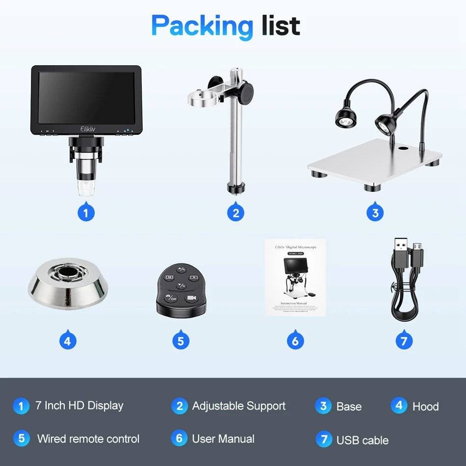 Elikliv EDM9 7 Inch 1080P LCD Digital Microscope 50X-1200X Soldering Electronics Microscopes With LED Lights Support PC Computer