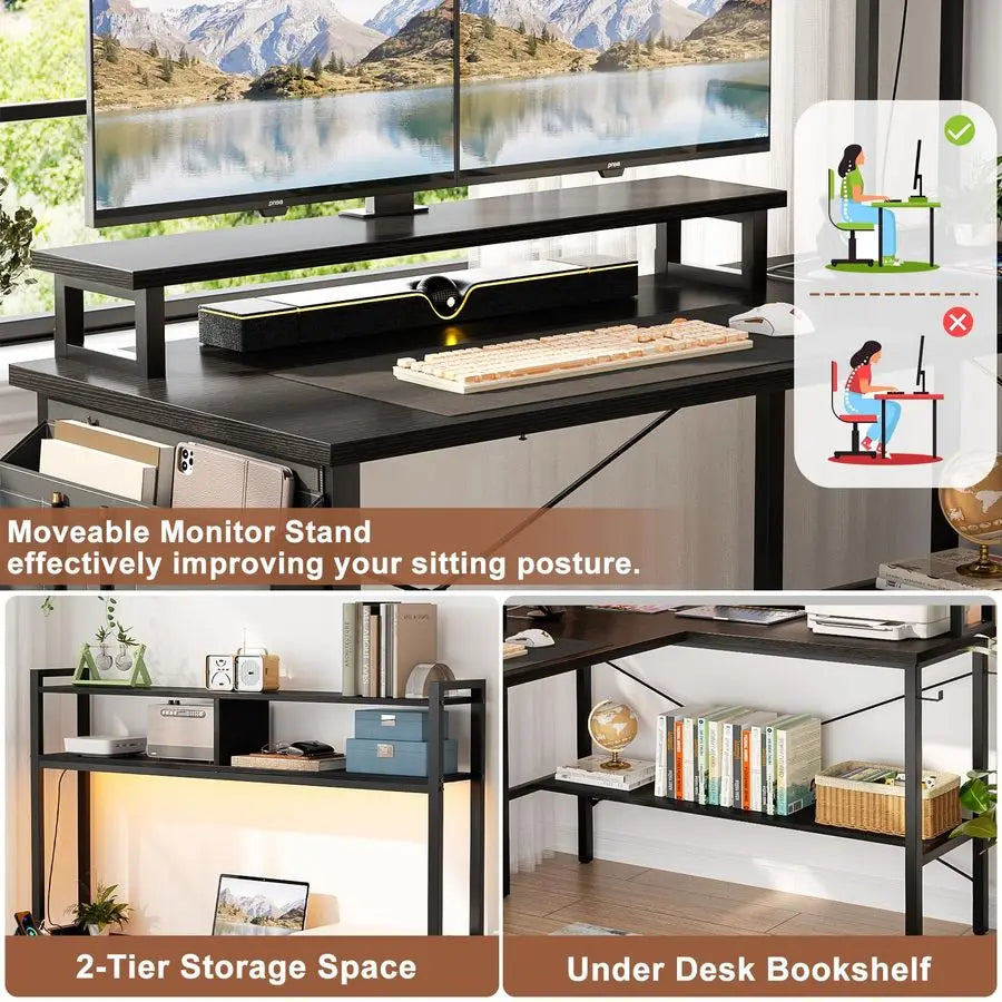 L Shaped Gaming Desk with Power Outlets amp LED Lights, Small L Shaped Desk Computer Corner Desk with Monitor Stand amp Storage