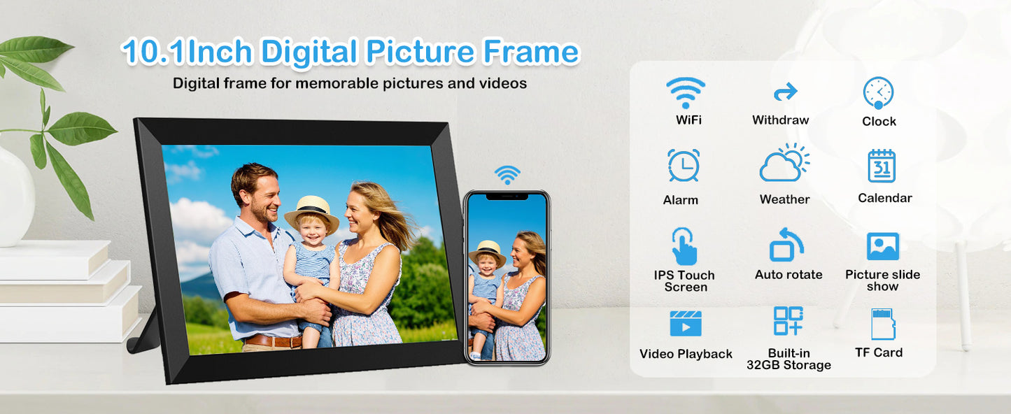 SSAWIFIFRAME Digital Photo Frame 10.1 inch WiFi Digital Picture Frame IPS Touch Screen 32GB Storage Auto-Rotate