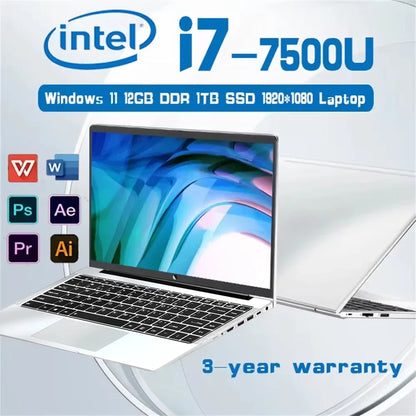 14.1 Inch Intel Core I7 7500U 1080P Windows 11 Laptop Computer PC 12GB DDR4 512GB 1TB SSD Office Notebook Gaming laptops