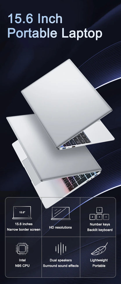 Ultra Slim Laptop 15.6" N95 32GB RAM 2048GB SSD Notebook Gamer 7500mAh Battery Office Study Computer PC Windows 11 Pro