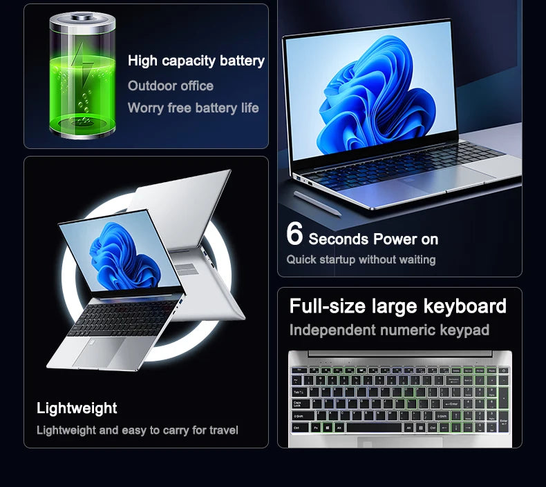Ultra Slim Laptop 15.6" N95 32GB RAM 2048GB SSD Notebook Gamer 7500mAh Battery Office Study Computer PC Windows 11 Pro