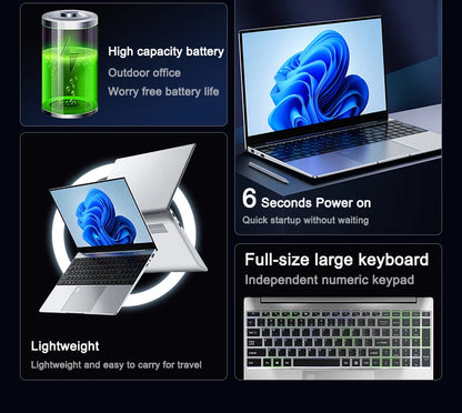 Ultra Slim Laptop 15.6" N95 32GB RAM 2048GB SSD Notebook Gamer 7500mAh Battery Office Study Computer PC Windows 11 Pro