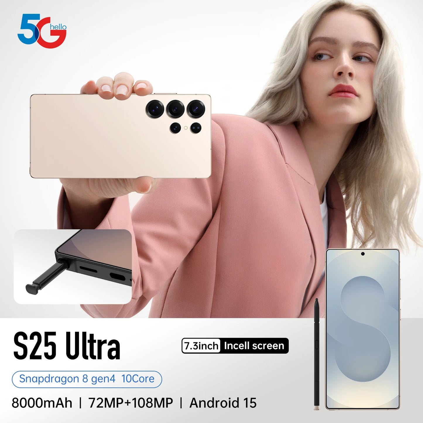 S25Ultra Mobile 100x Digital Zoom 108MP Rear Camera 4K Screen Octa Core 65W for Distant Shooting French Spanish English