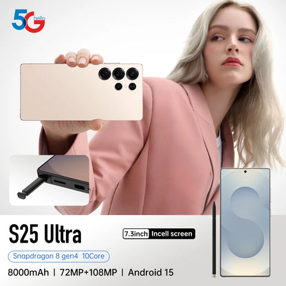 S25Ultra Mobile 100x Digital Zoom 108MP Rear Camera 4K Screen Octa Core 65W for Distant Shooting French Spanish English