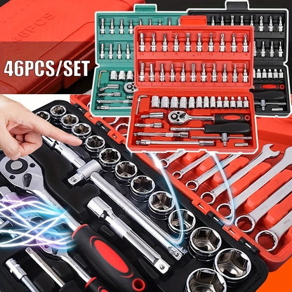 46-Pieces Multi-Functional Metric Drive Socket Wrench Set DIY Auto Repair Tool Kit Red Case Hand Tools Ratchet Extensions OEM