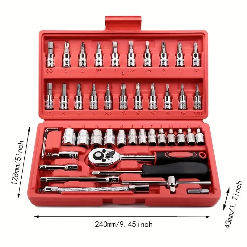46-Pieces Multi-Functional Metric Drive Socket Wrench Set DIY Auto Repair Tool Kit Red Case Hand Tools Ratchet Extensions OEM