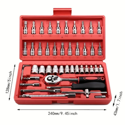 46-Pieces Multi-Functional Metric Drive Socket Wrench Set DIY Auto Repair Tool Kit Red Case Hand Tools Ratchet Extensions OEM