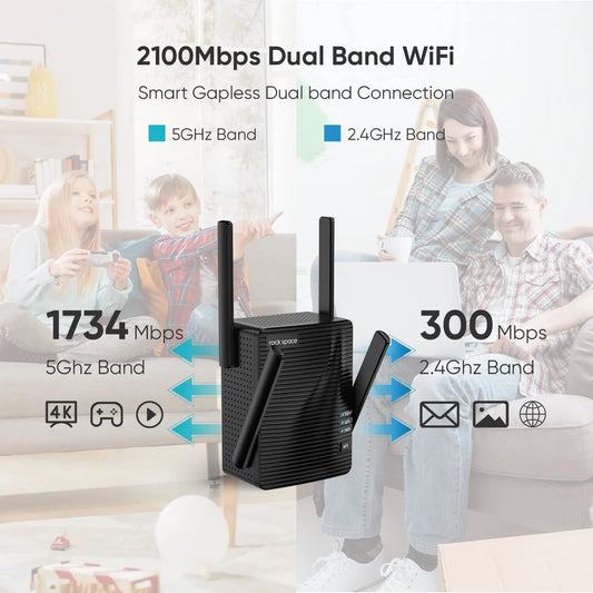 WiFi Extender & Booster 2100 Mbps Dual Band 5G/2.4G Wireless Repeater Gigabit Port Home Use