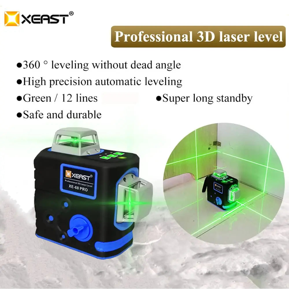 XEAST XE-68 PRO 3D 12 Line Green Self Leveling 360 Degrees With 18650 Battery Horizontal Vertical Laser Floor Leveling Tool