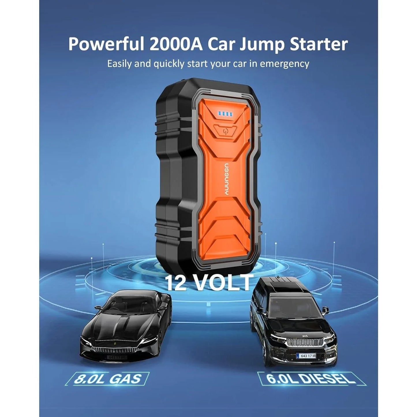 2000mah Jump Starter - 2000A Smart Car Battery Booster Pack with UltraSafe Lithium Battery, Portable Jump Box with LED Light/USB