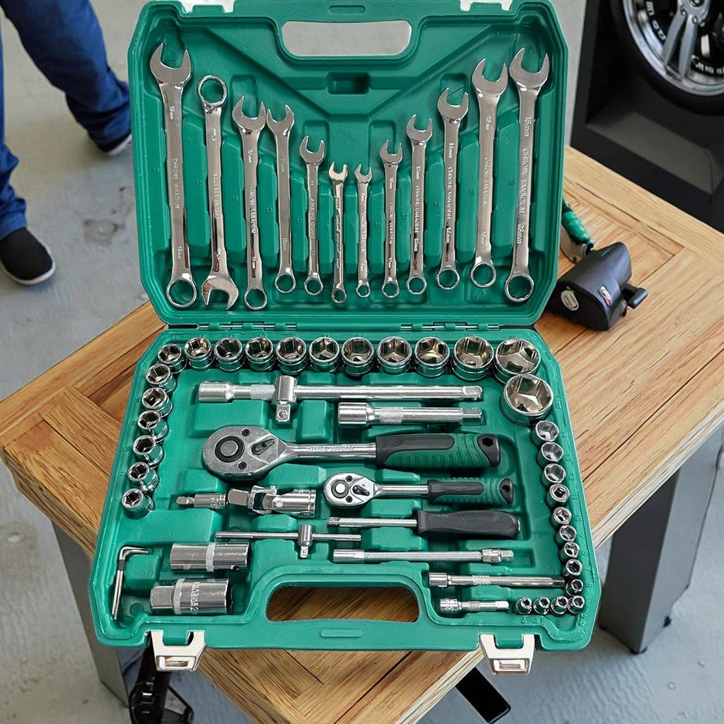 61-Piece CR-V Multi-Functional Car Repair Tool Set 1/4 Inch Drive Socket Ratchet Wrench Chrome Vanadium Steel Extension Rod