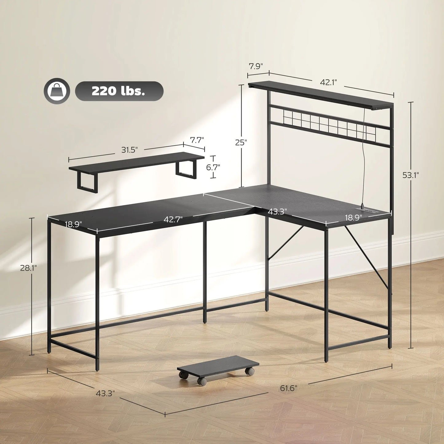 DB Hot Sale 61.6" L-Shaped Gaming Desk LED Lights Power Outlets Stainless Steel Computer Desk Monitor Stand CPU Shelf Bedroom