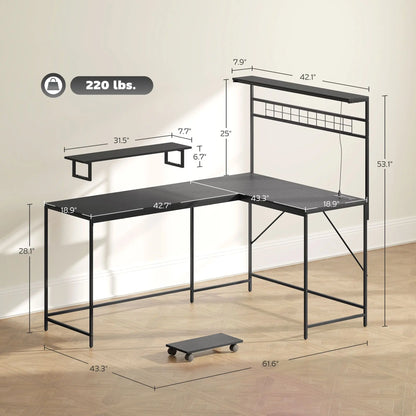 DB Hot Sale 61.6" L-Shaped Gaming Desk LED Lights Power Outlets Stainless Steel Computer Desk Monitor Stand CPU Shelf Bedroom