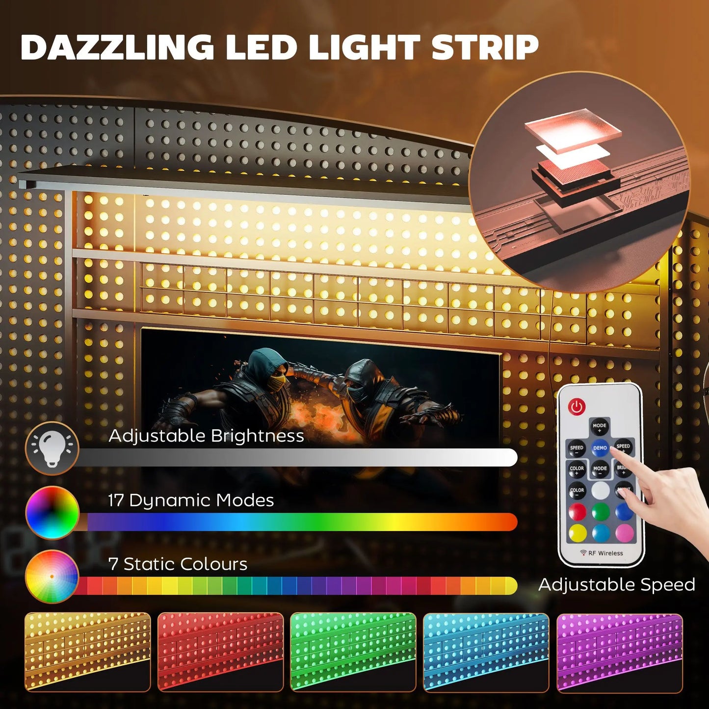 DB Hot Sale 61.6" L-Shaped Gaming Desk LED Lights Power Outlets Stainless Steel Computer Desk Monitor Stand CPU Shelf Bedroom