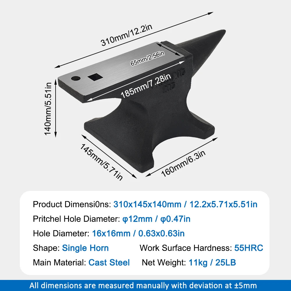 Single Horn Anvil, 25lbs/11kg Cast Steel Anvil, High Hardness Rugged Round Horn Anvil for Blacksmiths, with Stable Base