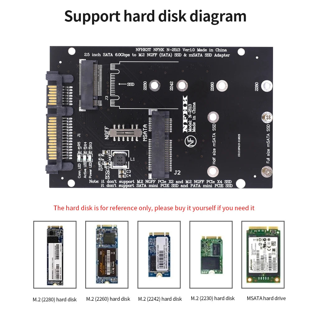 TISHRIC M.2 NGFF MSATA SSD To 2.5 Inch SATA 6.0Gbps 2 In 1 Adapter Converter Card Support PC Laptop Hard Disk Diagram