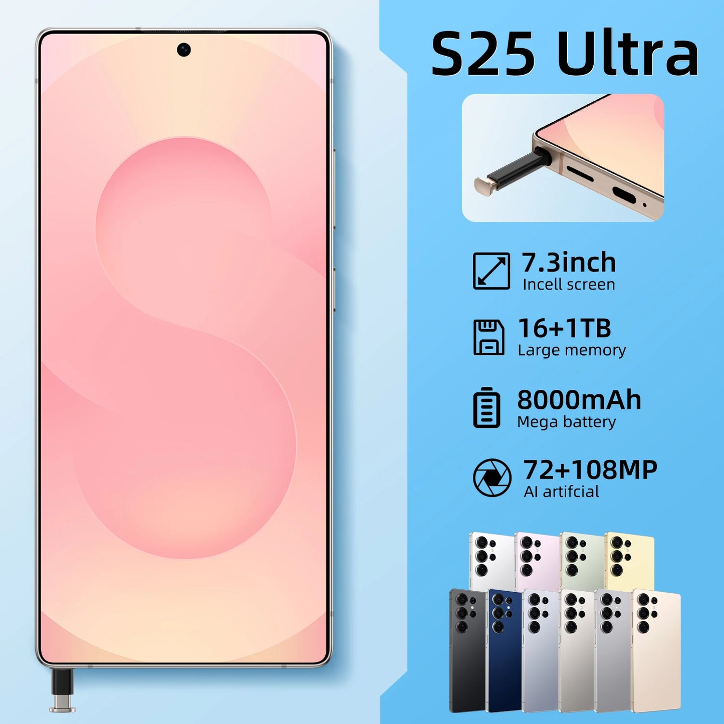 Reverse Wireless Charging Mobile S25Ultra 65W Quick 8000mAh Dual Sim Card 16GB 256GB 512GB Global for Emergency Power Supply