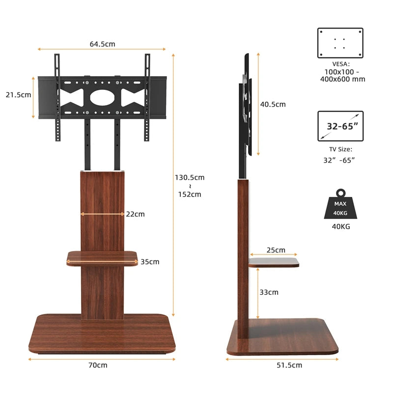 Height Adjustable Wooden TV Floor Stand Bracket with Wood Shelves for 32-65 Inch
