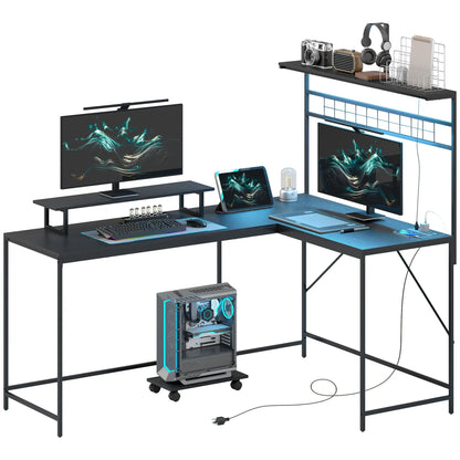 DB Hot Sale 61.6" L-Shaped Gaming Desk LED Lights Power Outlets Stainless Steel Computer Desk Monitor Stand CPU Shelf Bedroom