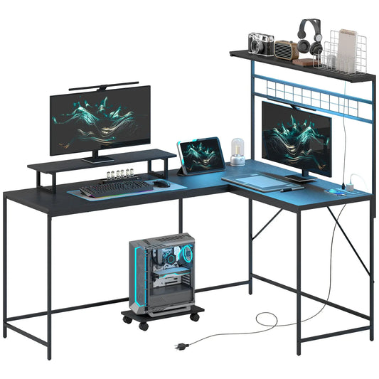 DB Hot Sale 61.6" L-Shaped Gaming Desk LED Lights Power Outlets Stainless Steel Computer Desk Monitor Stand CPU Shelf Bedroom