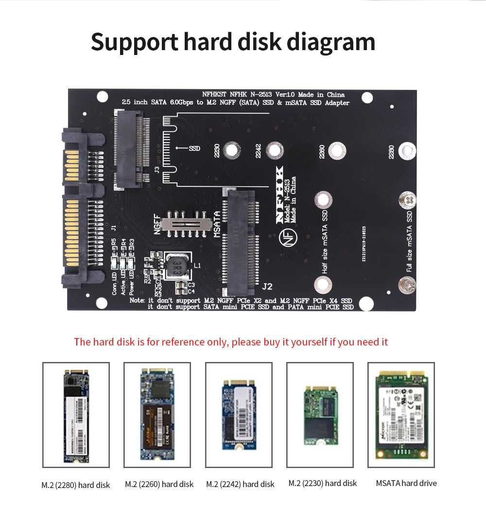 TISHRIC M.2 NGFF MSATA SSD To 2.5 Inch SATA 6.0Gbps 2 In 1 Adapter Converter Card Support PC Laptop Hard Disk Diagram