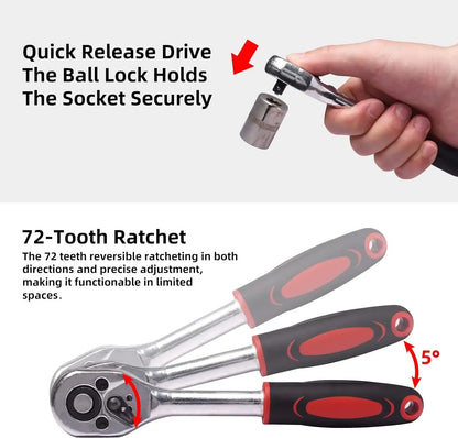 46-Pieces Multi-Functional Metric Drive Socket Wrench Set DIY Auto Repair Tool Kit Red Case Hand Tools Ratchet Extensions OEM