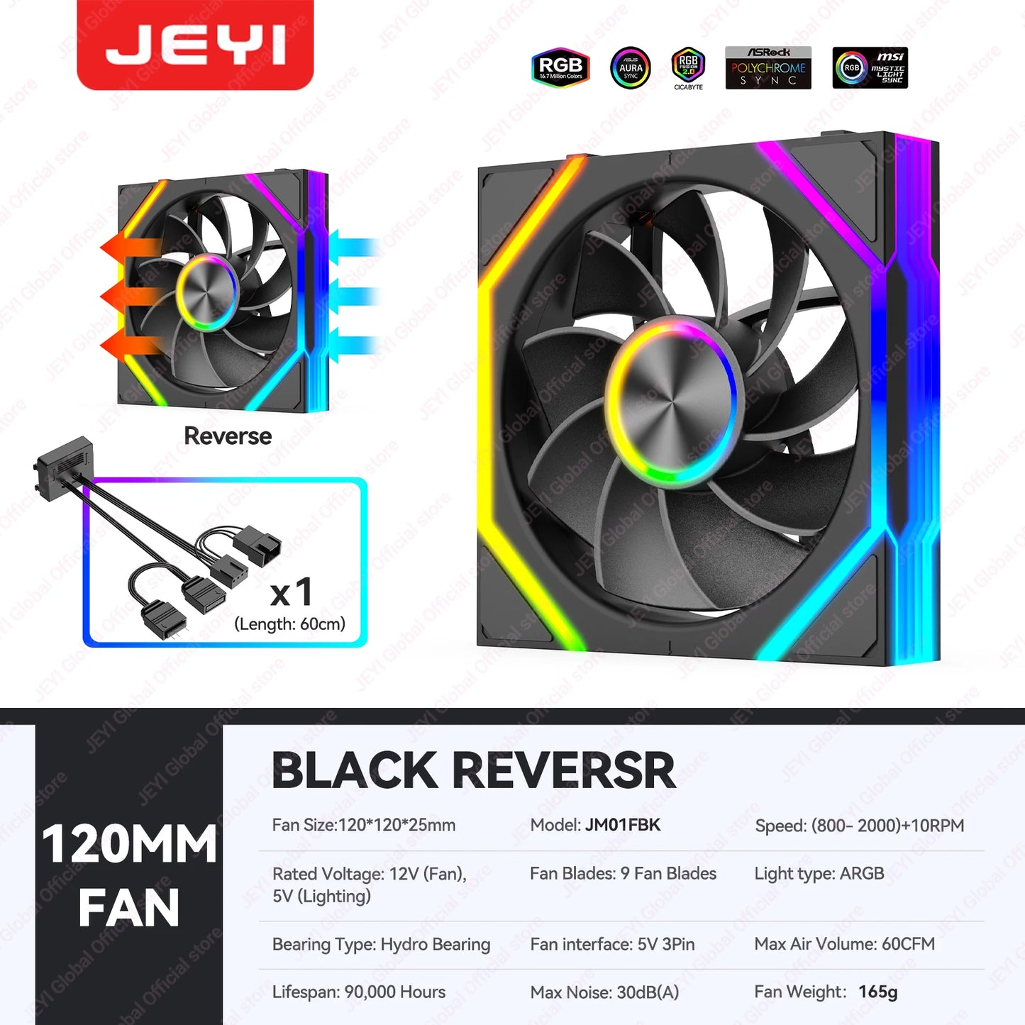 JEYI ARGB Infinity Mirror PC Fans Hydro Bearing Fan 30dB(A) 12CM cooling fan 5V3 pin PWM 800-2000RPM Forward/Reverse Blade Fan