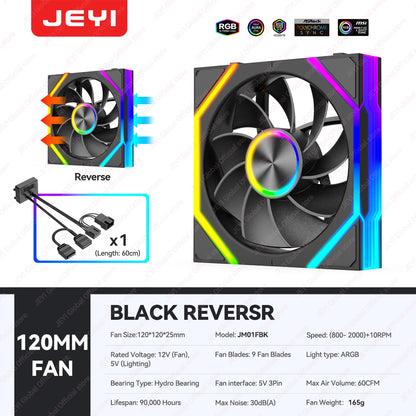 JEYI ARGB Infinity Mirror PC Fans Hydro Bearing Fan 30dB(A) 12CM cooling fan 5V3 pin PWM 800-2000RPM Forward/Reverse Blade Fan