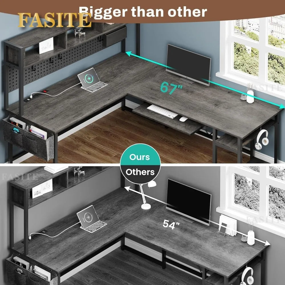 L Shaped Gaming Desk, Reversible Computer Desk with Power Outlet and Pegboard, Gaming Desk with Led Lights, Keyboard Tray