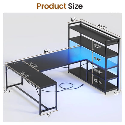 L Shaped Gaming Desk, 63'' Reversible Computer Desk with Power Outlet and Storage Shelves, Corner Gaming Desk with, Customized
