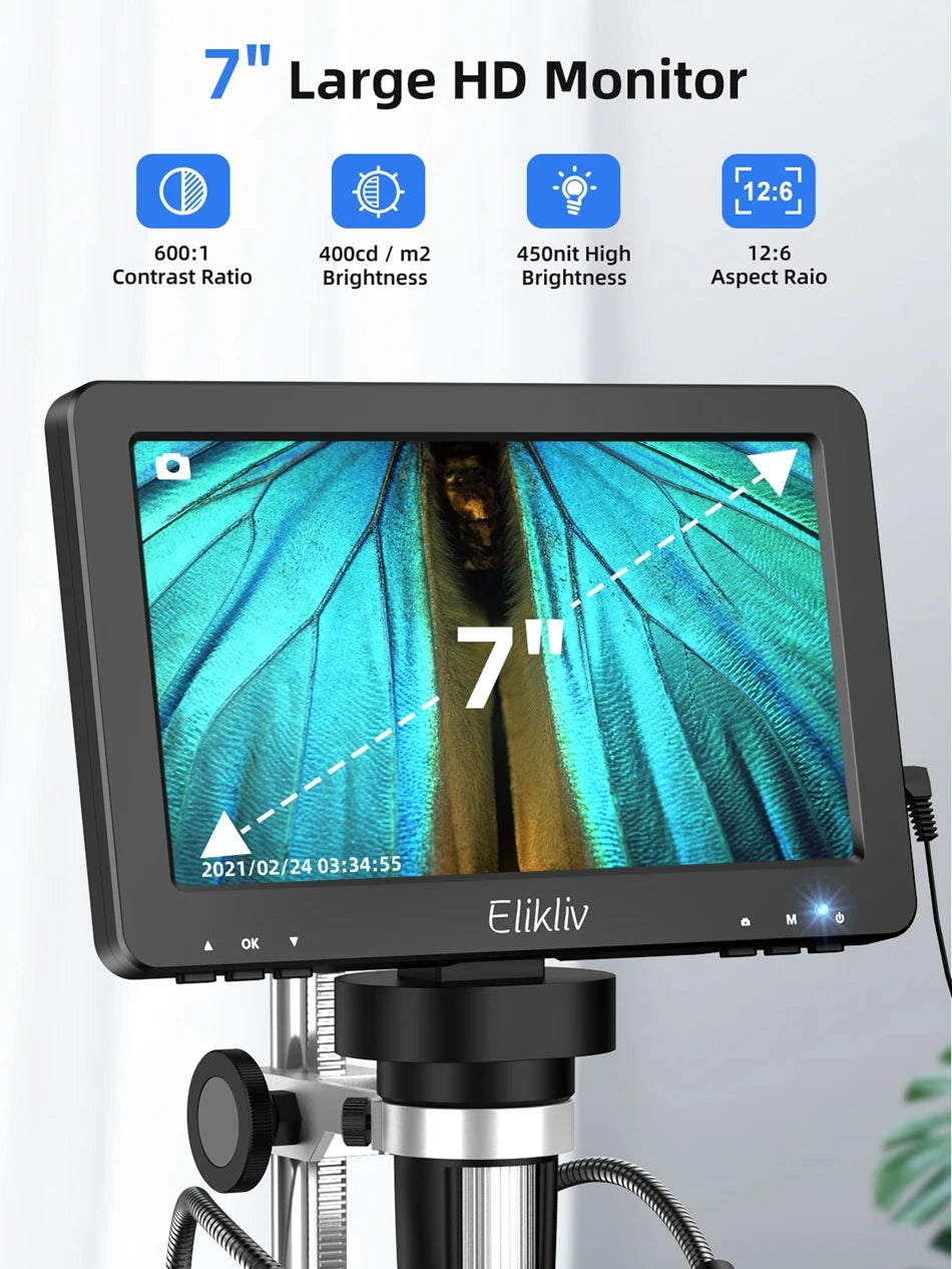 Elikliv EDM9 7 Inch 1080P LCD Digital Microscope 50X-1200X Soldering Electronics Microscopes With LED Lights Support PC Computer
