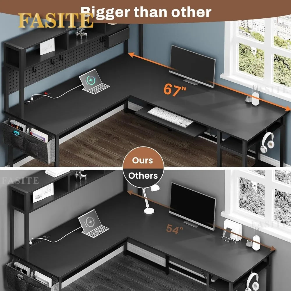 L Shaped Gaming Desk, Reversible Computer Desk with Power Outlet and Pegboard, Gaming Desk with Led Lights, Keyboard Tray