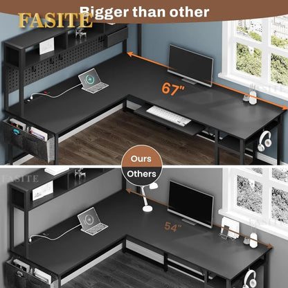 L Shaped Gaming Desk, Reversible Computer Desk with Power Outlet and Pegboard, Gaming Desk with Led Lights, Keyboard Tray