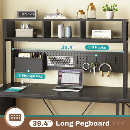57.5 L-Shaped Gaming Desk with Storage, LED Lights, Power Outlet, and Keyboard Tray in Black