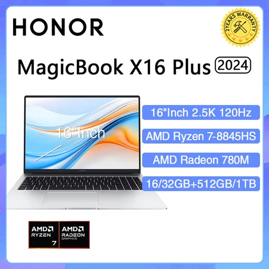 New HONOR Laptop MagicBook X16 Plus 16"Inch 2.5K 120Hz AMD Ryzen R7 8845HS 16/32GB 512GB/1TB Computer PC Notebook Ultrabook
