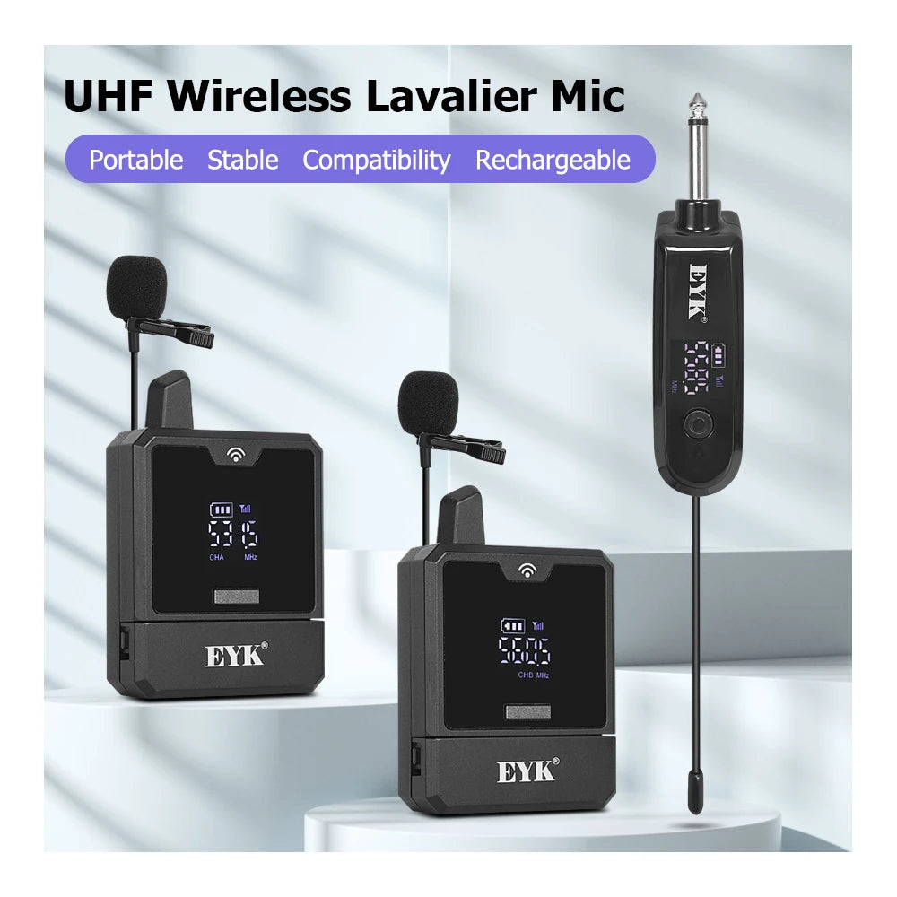 EYK EW102 Dual Channels Wireless Headset Microphone UHF Lavalier Mic Rechargeable for Teaching Speech Interview Live Recording