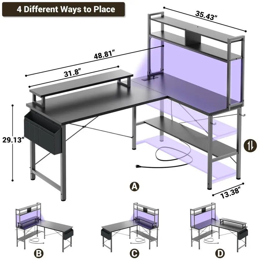 L Shaped Gaming Desk with Power Outlets amp LED Lights, Small L Shaped Desk Computer Corner Desk with Monitor Stand amp Storage