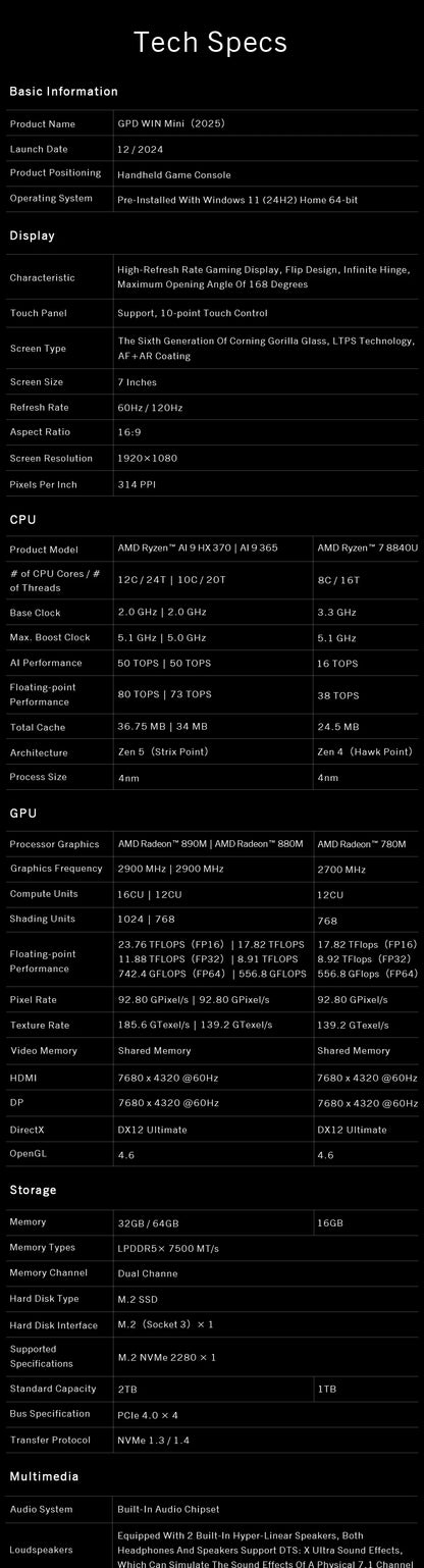 GPD 2025 WIN Mini 16GB 32GB Memory 1TB 2TB SSD Hard Disk AMD Ryzen 8840U HX370 Processor Handheld Gaming Laptop Mini PC Notebook