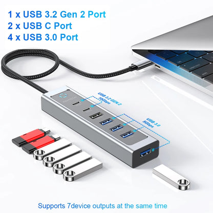RSHTECH USB C Hub 7-Port USB 3.2 Gen2 Splitter with 5 USB-A & 2 USB-C Data Ports Aluminum USB Extension Data Hubs for PC Laptop