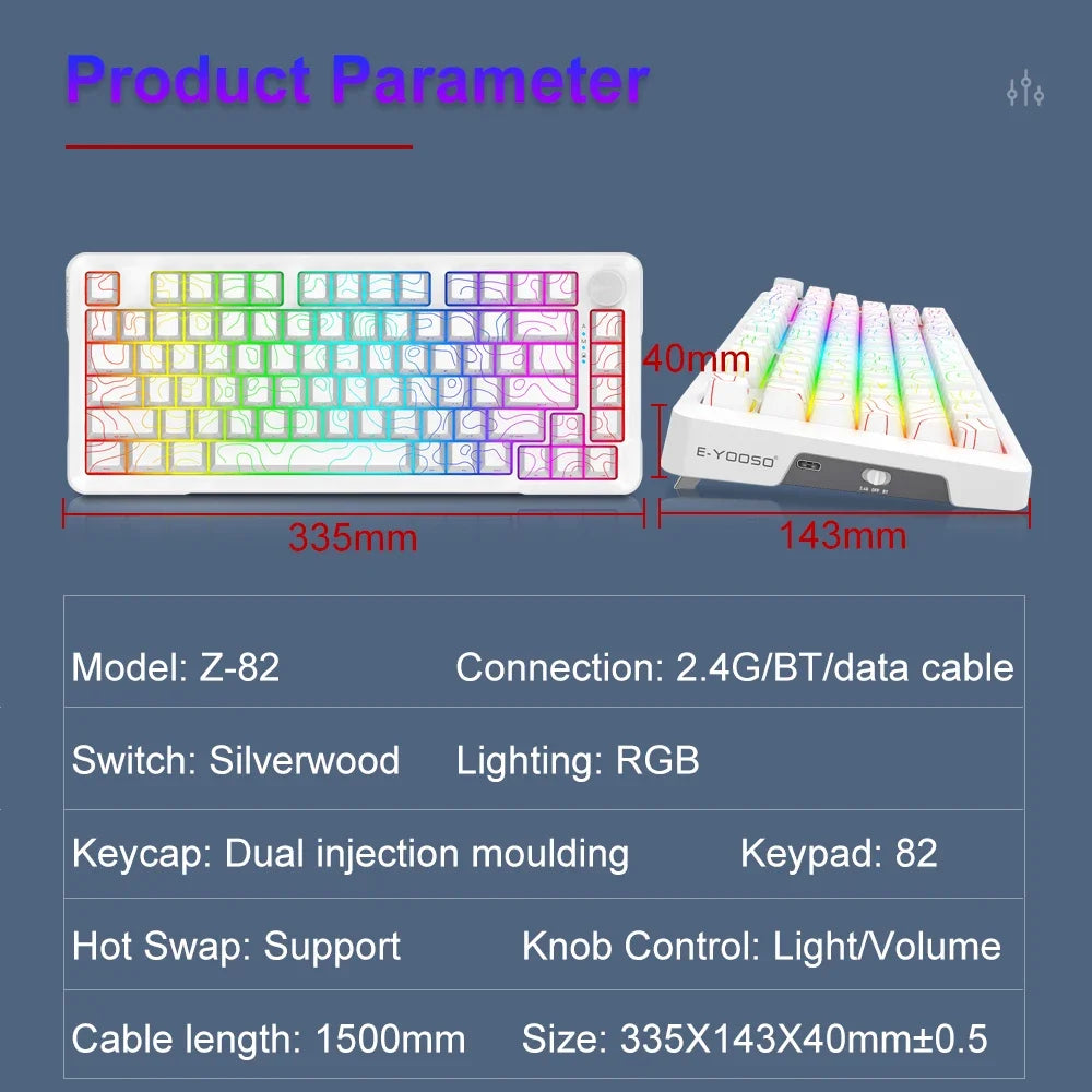 E-YOOSO Z82 RGB USB Mechanical Gaming Keyboard Support Bluetooth wireless 2.4G Wired 3 mode Gamer 82 Keys for Computer PC Laptop