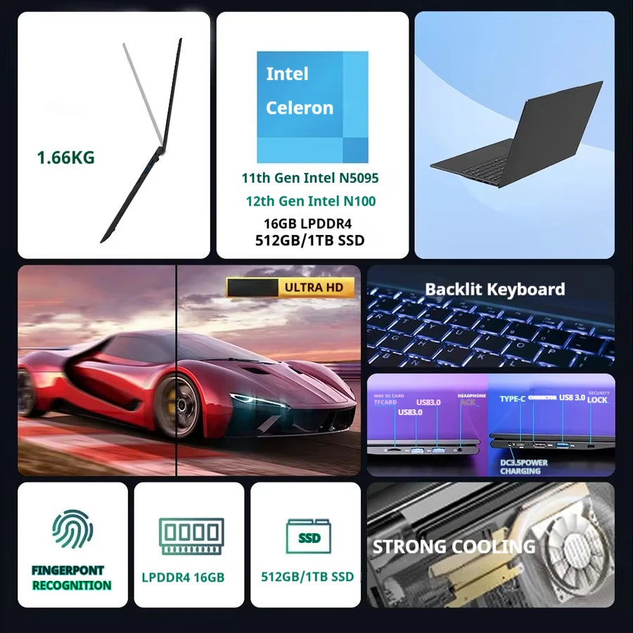 Firebat A16 AT15 Laptop 16 Inch N5095 N100 N150 CPU 16GB RAM SSD 512GB 1TB BT4.2 WiFi5 Lightweight Business Computer Notebook