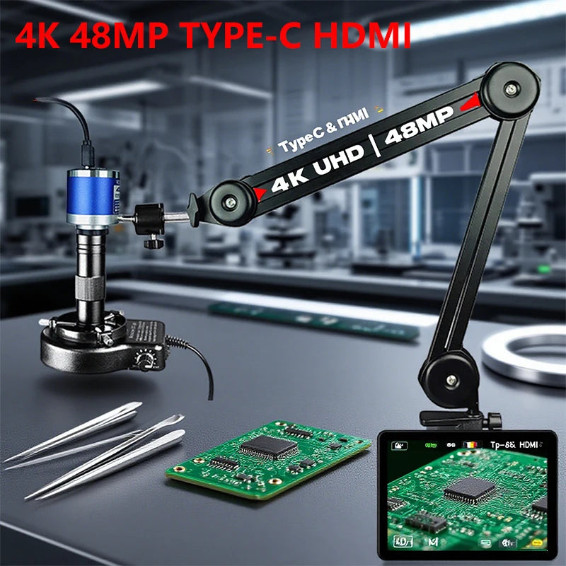 4K 48MP HDMI TYPE-C Microscope With 360° Adjustable Arm, 0-150X Magnification for Electronics Repair  EU/US/MX/Brazil Warehouse