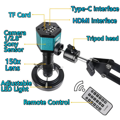 4K 48MP Electronics Digital Microscope Full HD 1080P HDMI USB Video Camera 150X Zoom Lens For Welding PCB Soldering Repair Phone