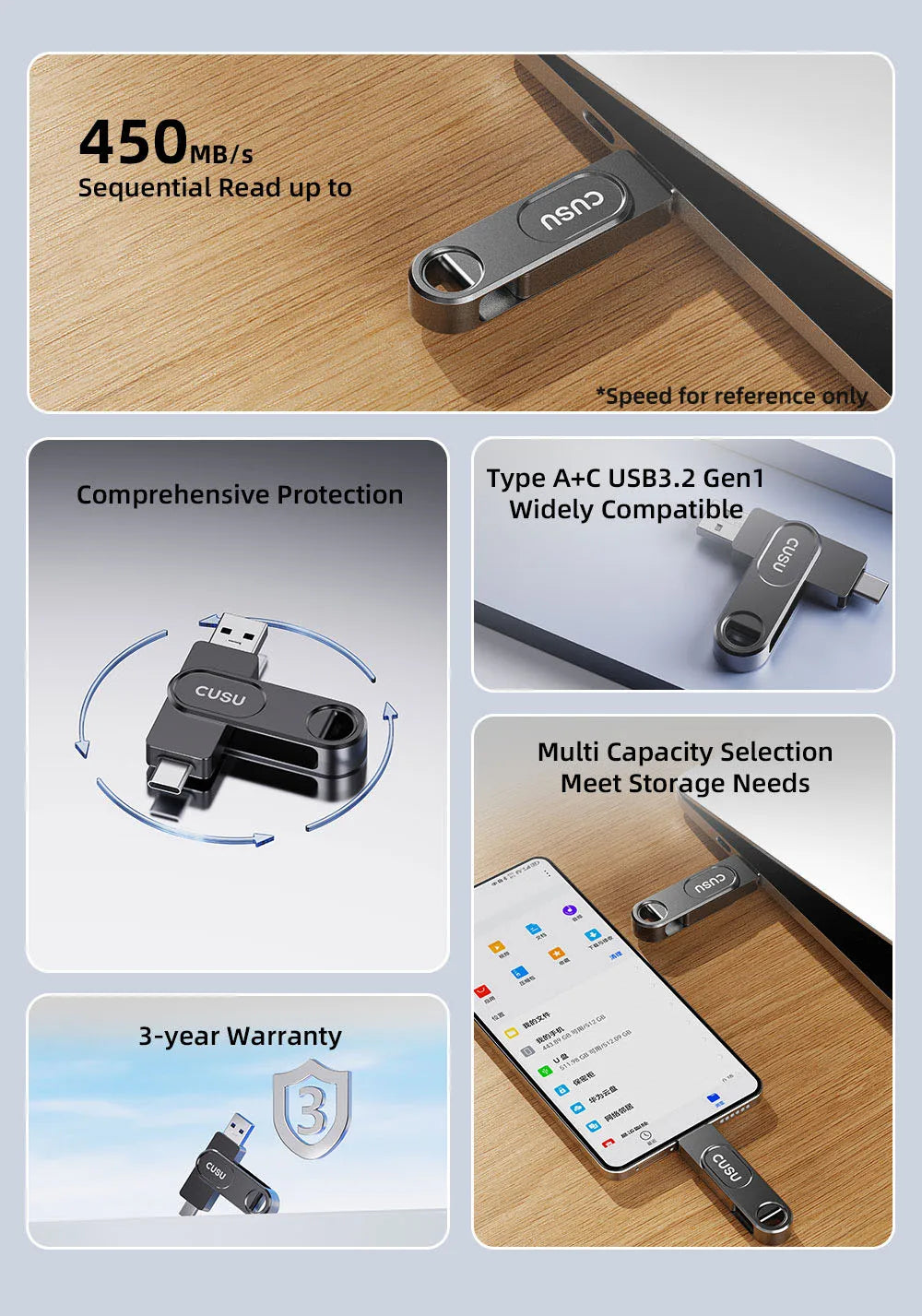 CUSU USB 3.2 Solid State Pen Drive 128GB 256GB 512GB 520MB/s Type C USB Flash Drive Free Shipping Item for Laptop Phone