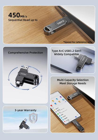 CUSU USB 3.2 Solid State Pen Drive 128GB 256GB 512GB 520MB/s Type C USB Flash Drive Free Shipping Item for Laptop Phone