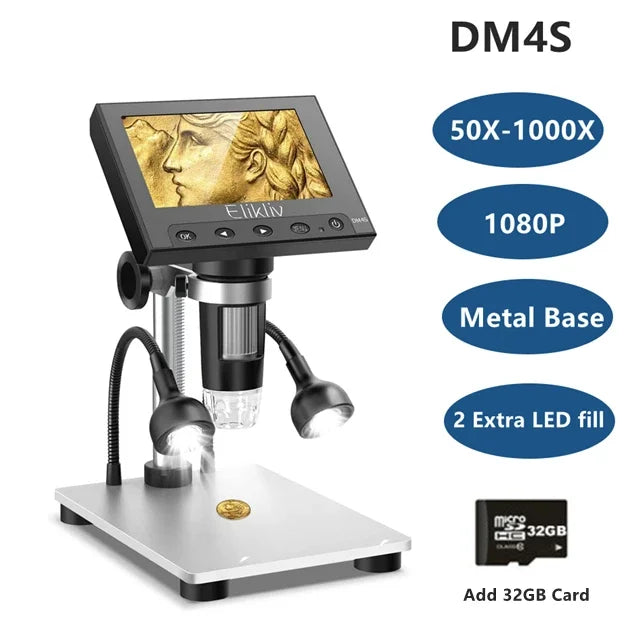 Elikliv DM4S 4.3 Inch LCD Digital Microscope 1000X LED 1080P Video Camera Microscope For Electronics Soldering Phone Repair Coin