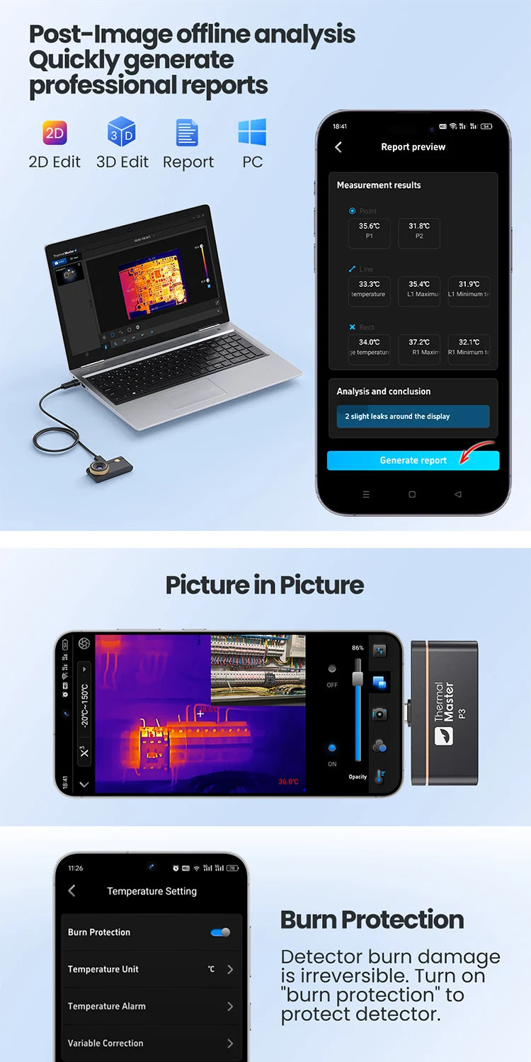 (Android&iPhone) P3 Type-C Thermal Camera for Electronics Repair 512×384 Adjustable Macro Lens 600℃ Usb Thermal Imaging Camera